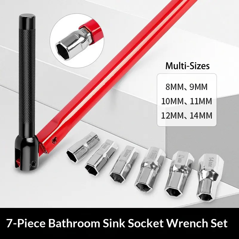 7 in1 Sink Basin Wrench Set, Adjustable Rotating Handle Plumbing Socket Wrench, 8/9/10/11/11/12/14mm Multi Size Socket Tub Faucet Installation Tool for Bathroom Kitchen Water Pipe Valve Disassembly
