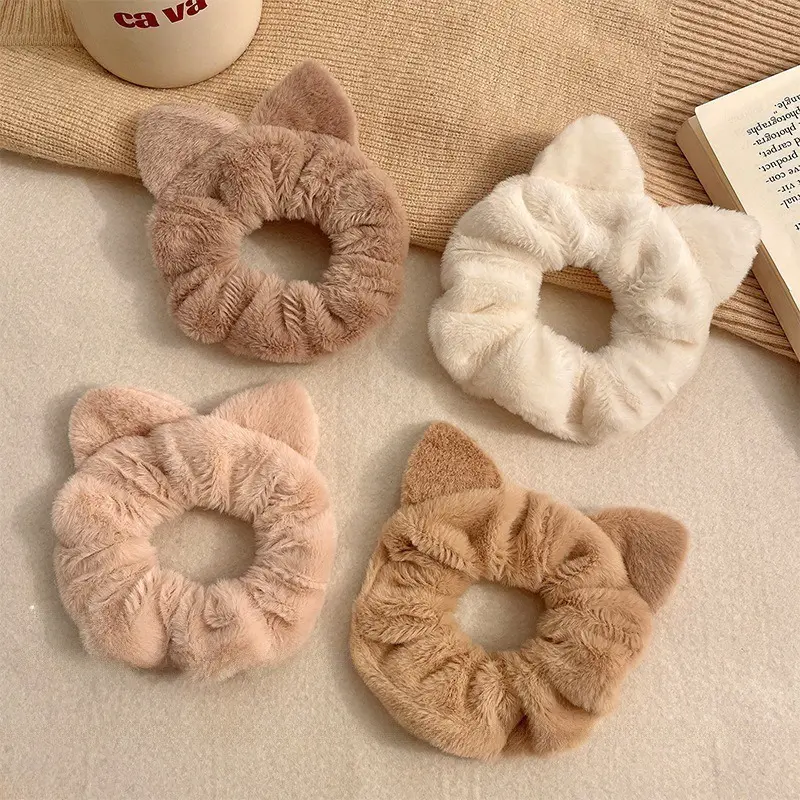 4 Pcs Cute Plush Cat Ear Hair Scrunchies for Women & Girls | Soft Stretchy Ponytail Holders Hair Ties for Thick Hair | Minimalist Hair Accessory Ideal Christmas Gift