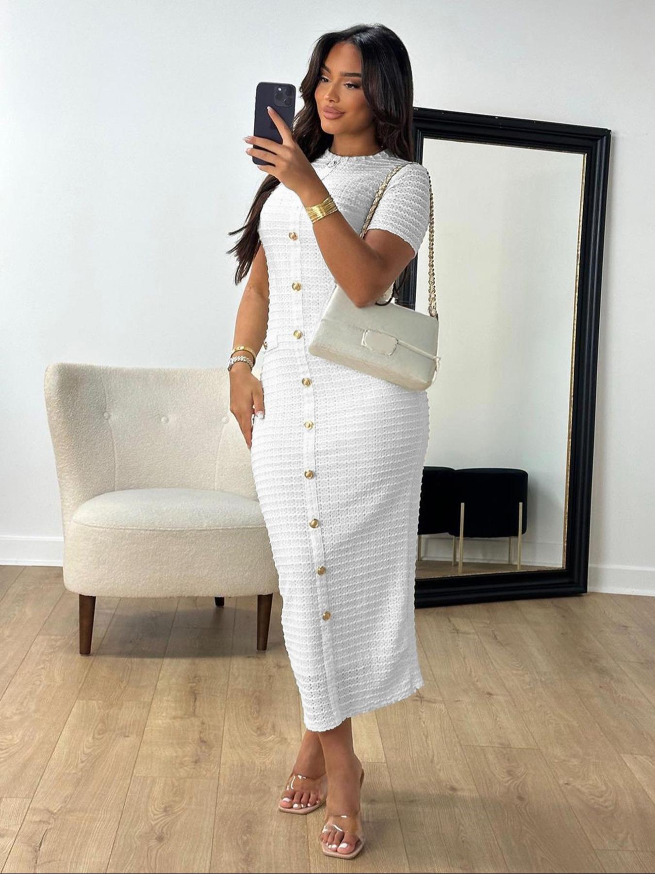 Women's Plain Zipper Back Round Neck Dress, Casual Fake Button Decor Short Sleeve Crew Neck Dress for Daily Wear, Ladies Clothes for All Seasons, Formal Wear