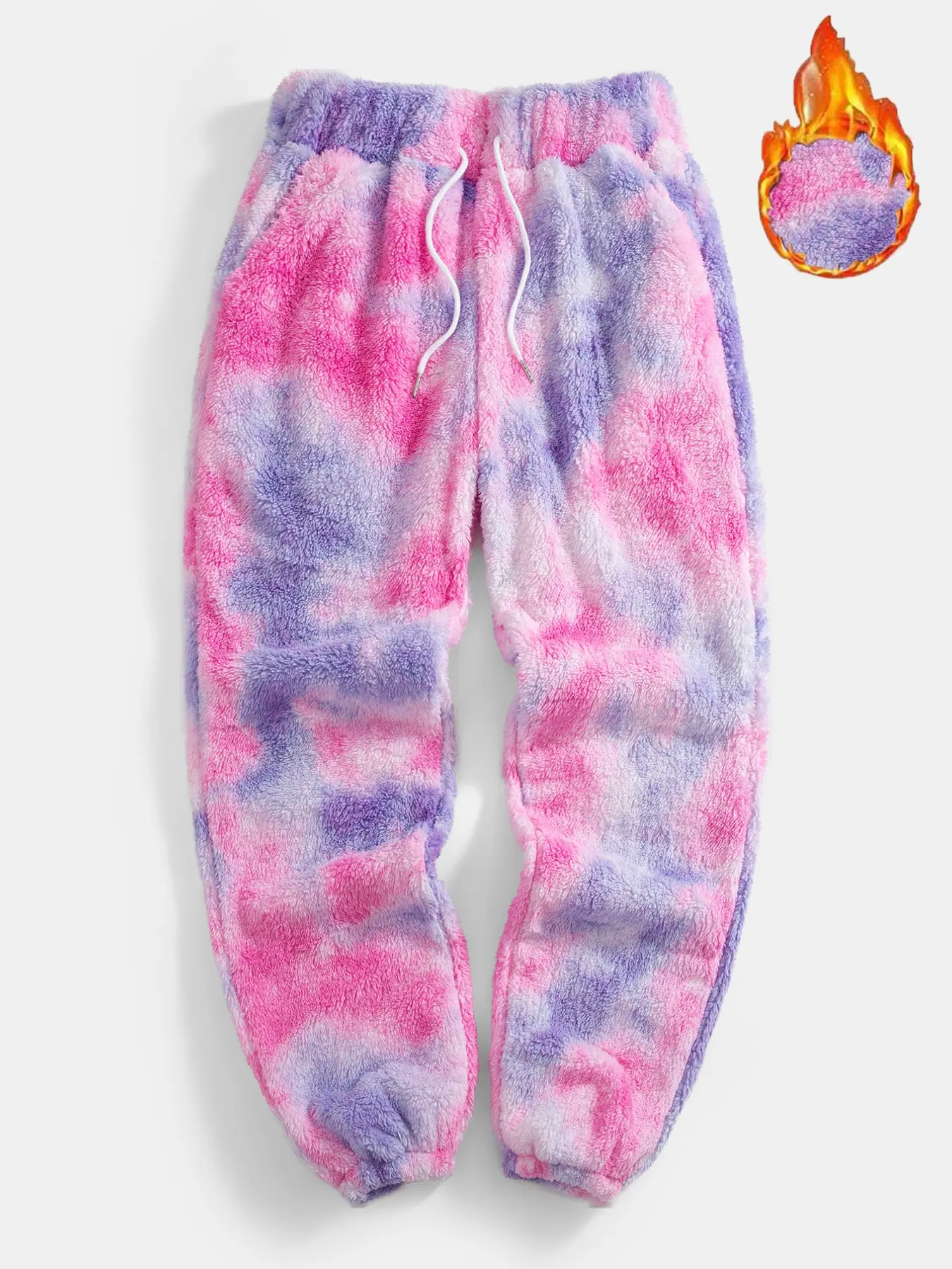 Vibrant Tie-Dye Fluffy Jogger Pants for Men, Warm Fuzzy Plush Drawstring Sweatpants, Loose Casual Trousers for Lounging, Winter Street Style