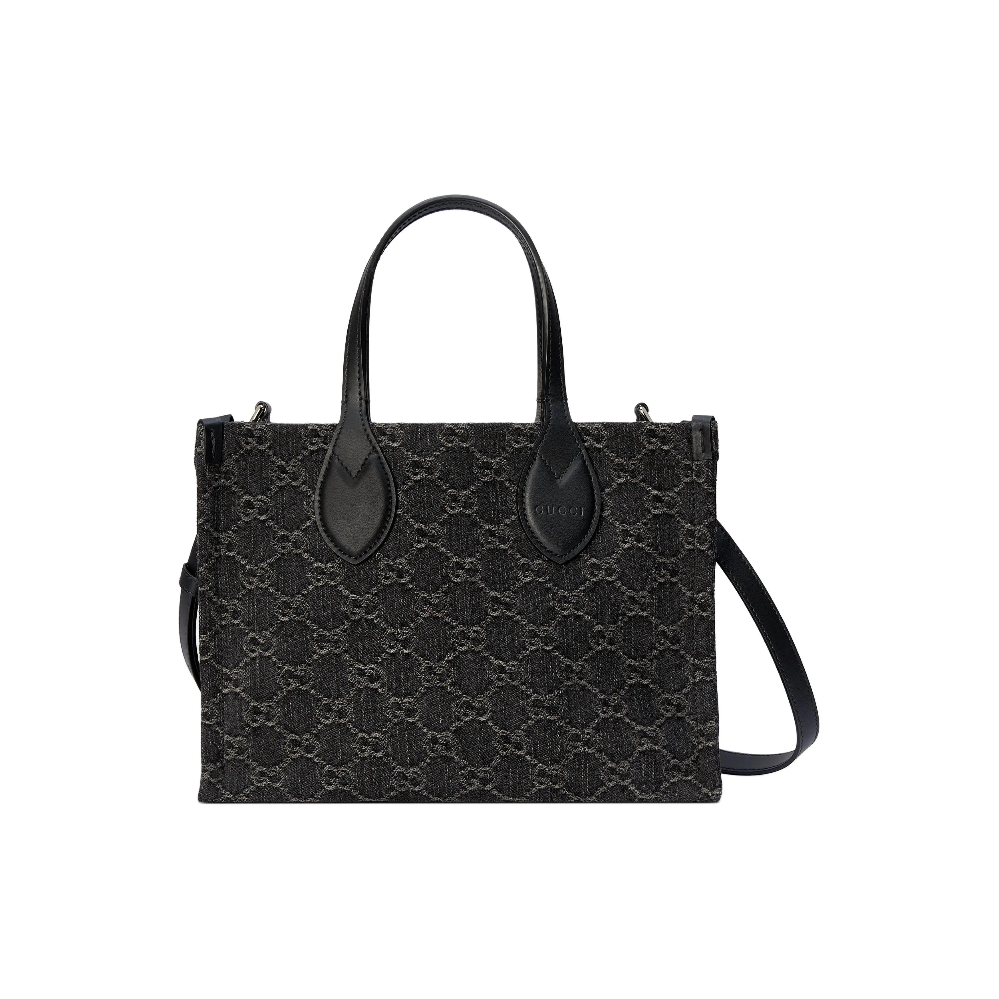 Gucci Ophidia Double G Logo Tote Bag for Women, Denim and Leather Trim, Black and Gray