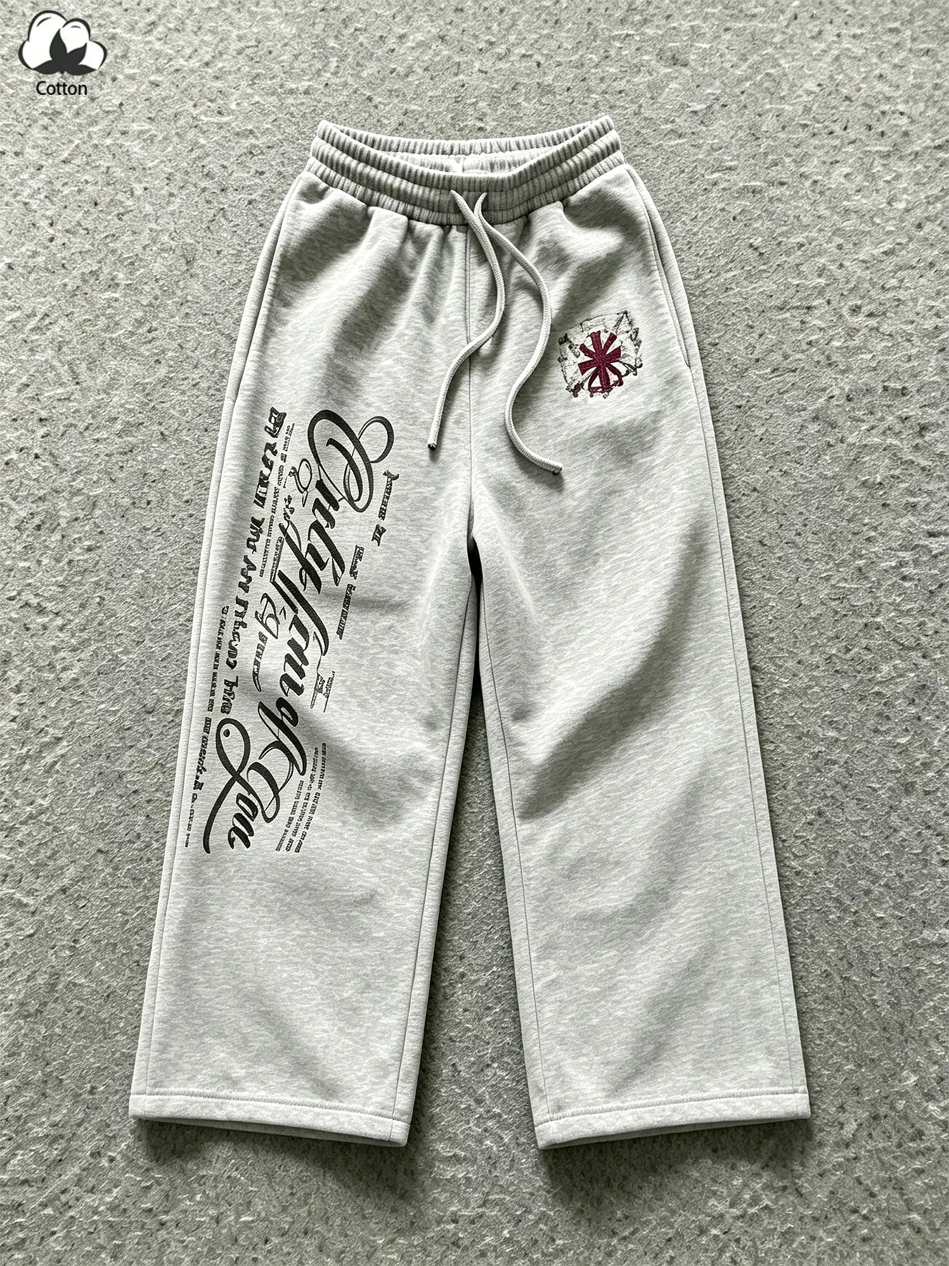 Vintage Gothic Script Graphic Wide Leg Sweatpants, Cotton Drawstring Elastic Waist Unisex Streetwear Jogger Pants, Multi‑Color