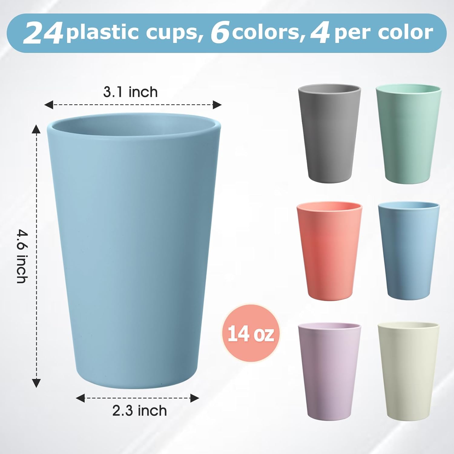 24 count Unbreakable Plastic Cups Set, 14 oz  Plastic Cups, Stackable Water Tumblers, Drinking Cup for Kitchen, Outdoor, , Dishwasher Refrigerator and Microwave Safe (14 oz, 6 Colors)