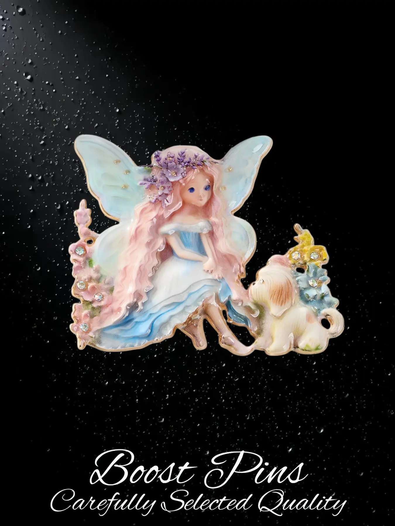 Pastel Enamel Fairy Brooch Set, Elegant Brooch, Exquisite Brooch, Elf With Puppy & Rainbow Tulip Wing Sprite With Rhinestone Trim, Cute Fantasy Character Lapel Pins, Fashion Jewelry For Dresses Coats, Gift For Fairy Tale And Whimsical Accessory Lovers