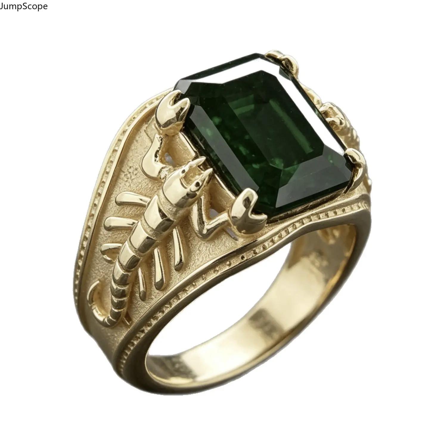 14K Gold Plated 3D Scorpion Carved Men Signet Ring, Rectangle Emerald Green Zircon Wide Gothic Scorpio Zodiac Retro Biker Statement Band For Street Club Daily Masculine Jewelry