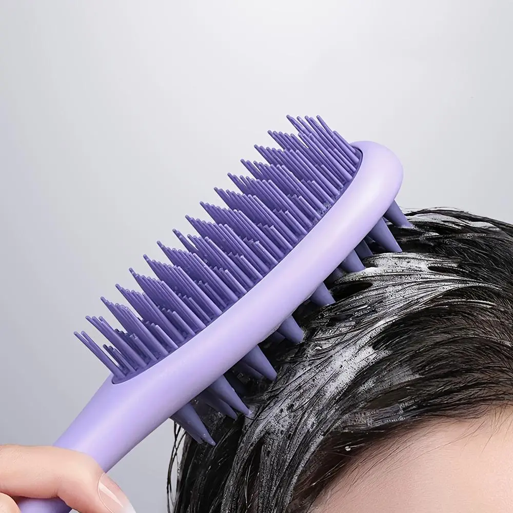 Long-Handle Double-Sided Shampoo Brush with Silicone Bristles and Handle, Dual-Use Wet and Dry Hair Washing and Massage Brush
