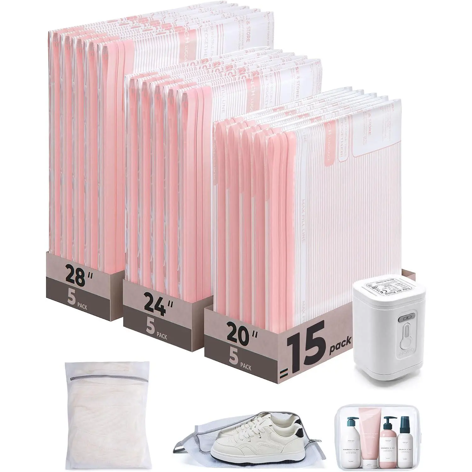 Travel Vacuum Bags with Electric Pump, 18PC Kit|-duty PA+PE, Bonus Shoe, Laundry & Toiletry Bags, Save 80% for suitcase packing, travel & home.