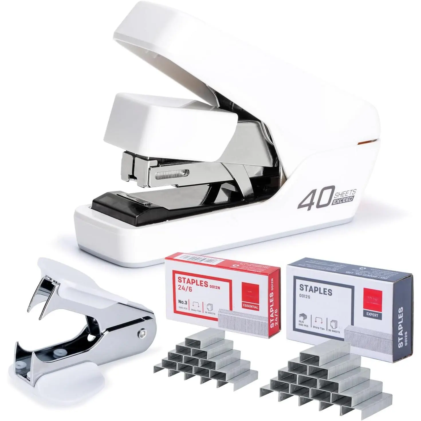 Stapler, Effortless Staplers for Desk, Heavy Duty Staplers, White | 40 Sheet Capacity,  , No Effort, Easy to Load, With 2000  & Staple Remover,  for Office,  Use