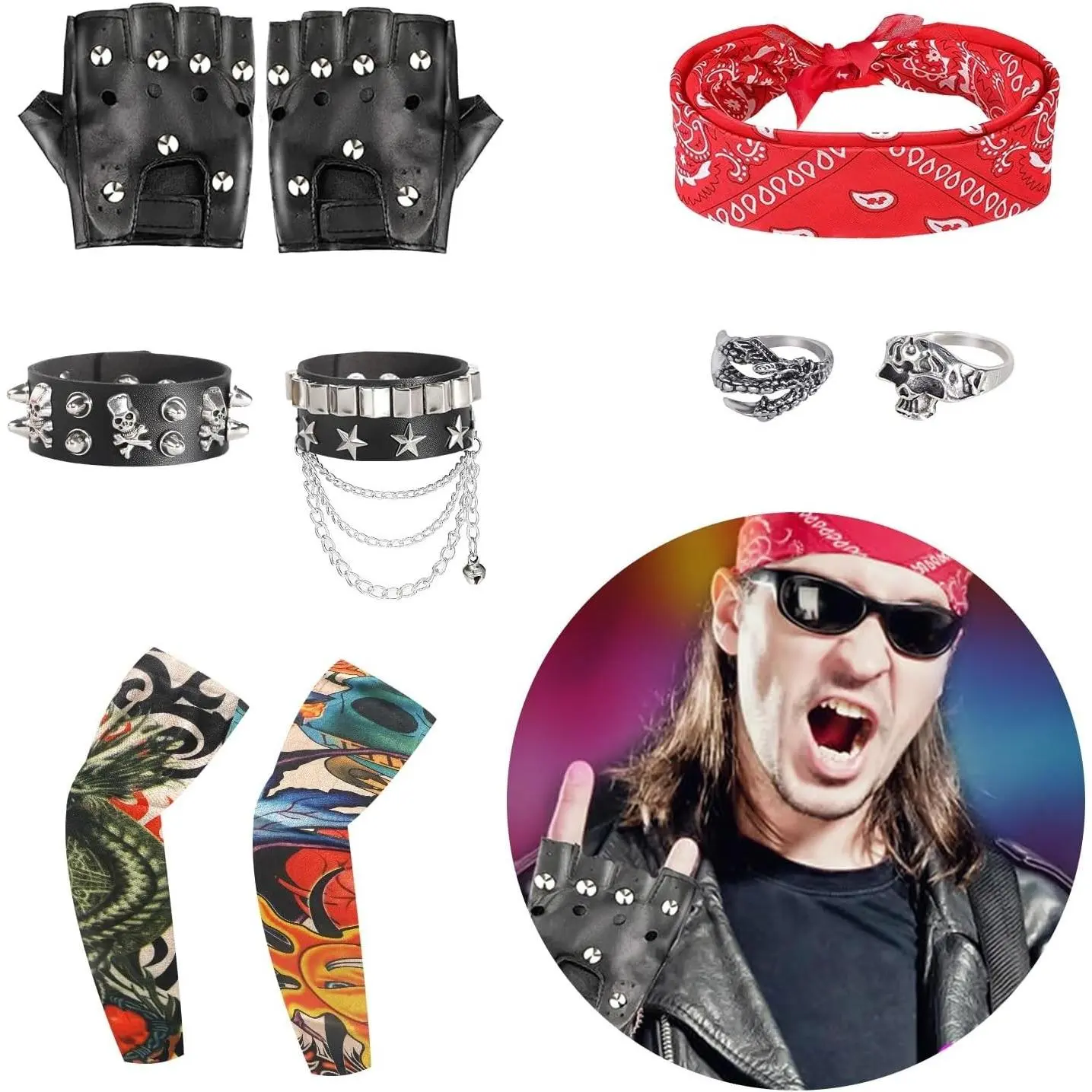9pcs 70s 80s 90s Rockstar Costume for Men Women Rocker Motorcycle Biker Halloween Punk Accessories Rock and Roll Outfit(Gift)
