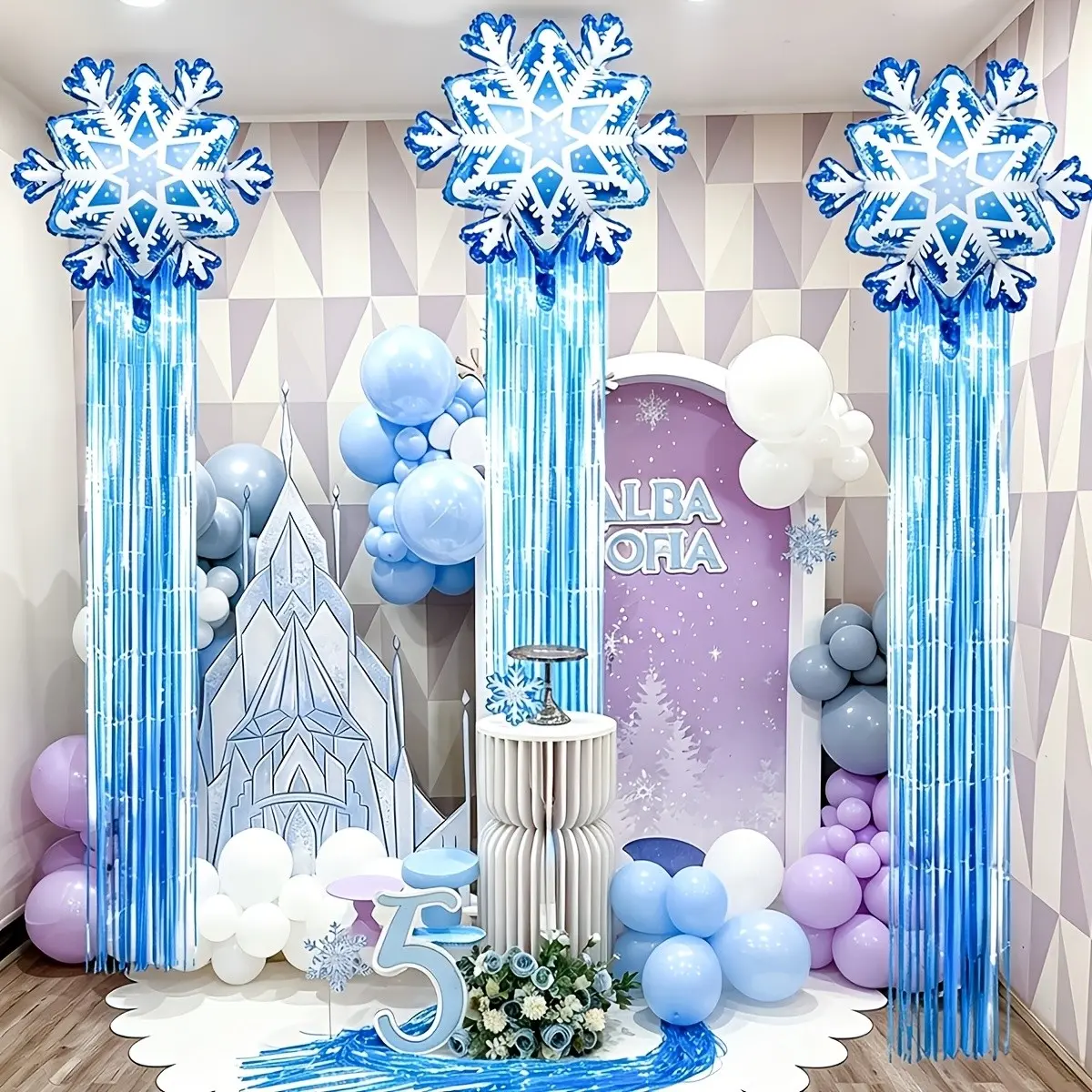 4pcs Snowflake Balloon Rain Thread Decoration Set, Perfect for Birthday Party, Princess Party, Wedding Decor, Wall Decor, Winter Decor