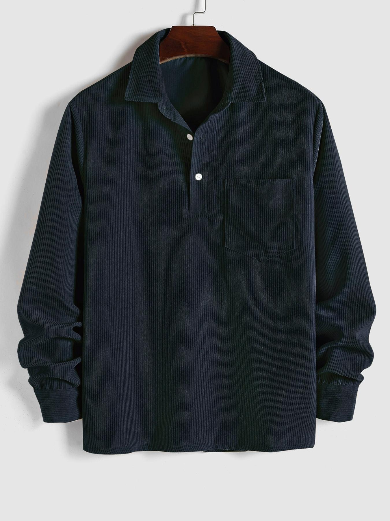 Men's Plain Pocket Half Button Corduroy Shirt, Casual Comfy Regular Fit Long Sleeve Collared Top For Fall & Winter, Men's Clothes For Daily Wear Men's Plain Pocket Half Button Corduroy Shirt, Casual Comfy Regular Fit Long Sleeve Collared Top For Fall & Winter, Men's Clothes For Daily Wear