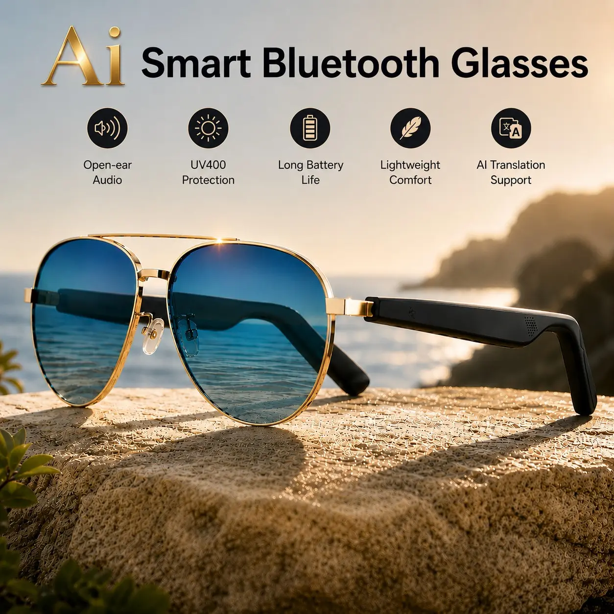 AI Bluetooth smart glasses, Multifunctional smart glasses, supporting translation of multiple language apps, in ear automatic detection switch, sweat proof, sunscreen sunglasses, suitable for travel, navigation, meetings, business