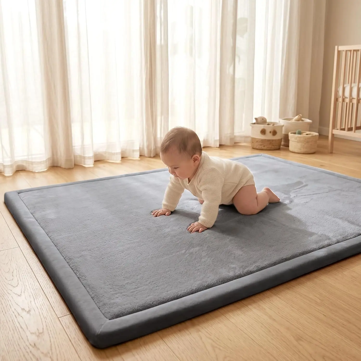 Baby Play Mat for Floor,1.3" Thick Elasti-Foam 59"×71" Non-Slip Water Repellent,Non-Toxic Playpen Mat for Infants Toddlers Kids, Ultra Soft Coral Velvet for Tummy Time Crawling（Dark Grey）