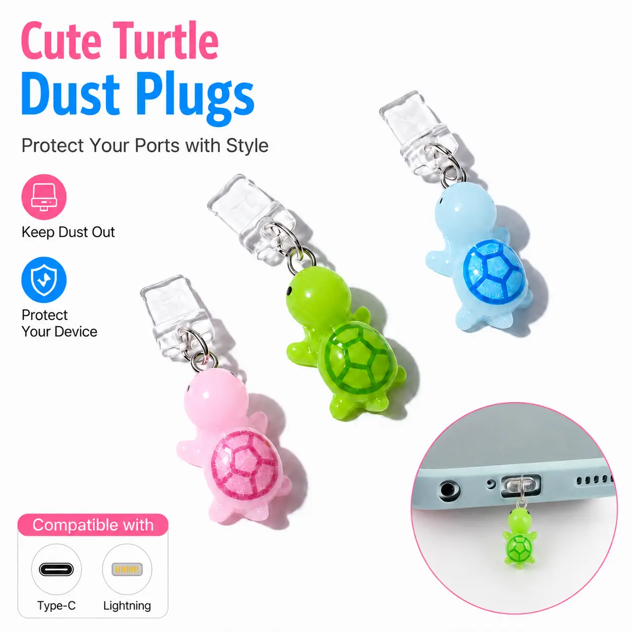 Cute Turtle Design Phone Charging Port Dust Plug, 2 Count Anti Dust Plug for iPhone Type-C Charging Port, Mobile Phone Accessories for Women & Girls, Cell Phone Charm, Acrylic Charm, Cutie Phone Charm, Animal Phone Ornament-YY0