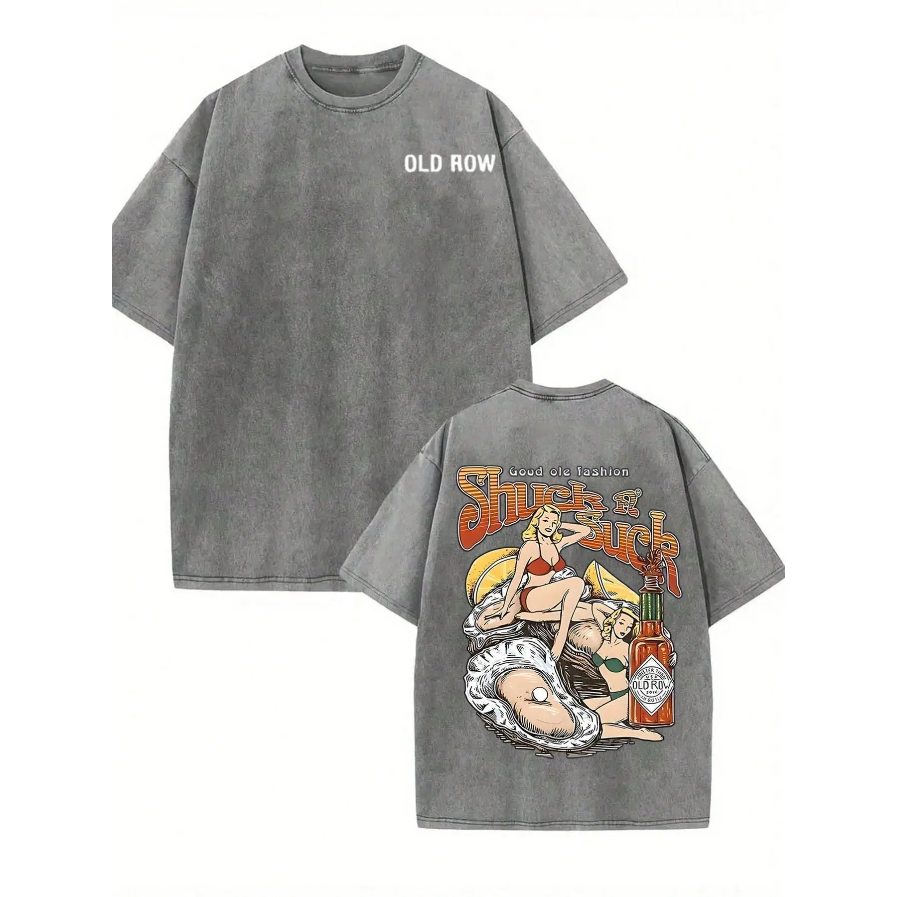 Vintage Acid Washed Dual Print Retro Pinup Girl Oyster Hot Sauce Bubble Font Graphic Tee, Unisex Oversized Gray Cotton Crew Neck Casual Summer Gift T-Shirt