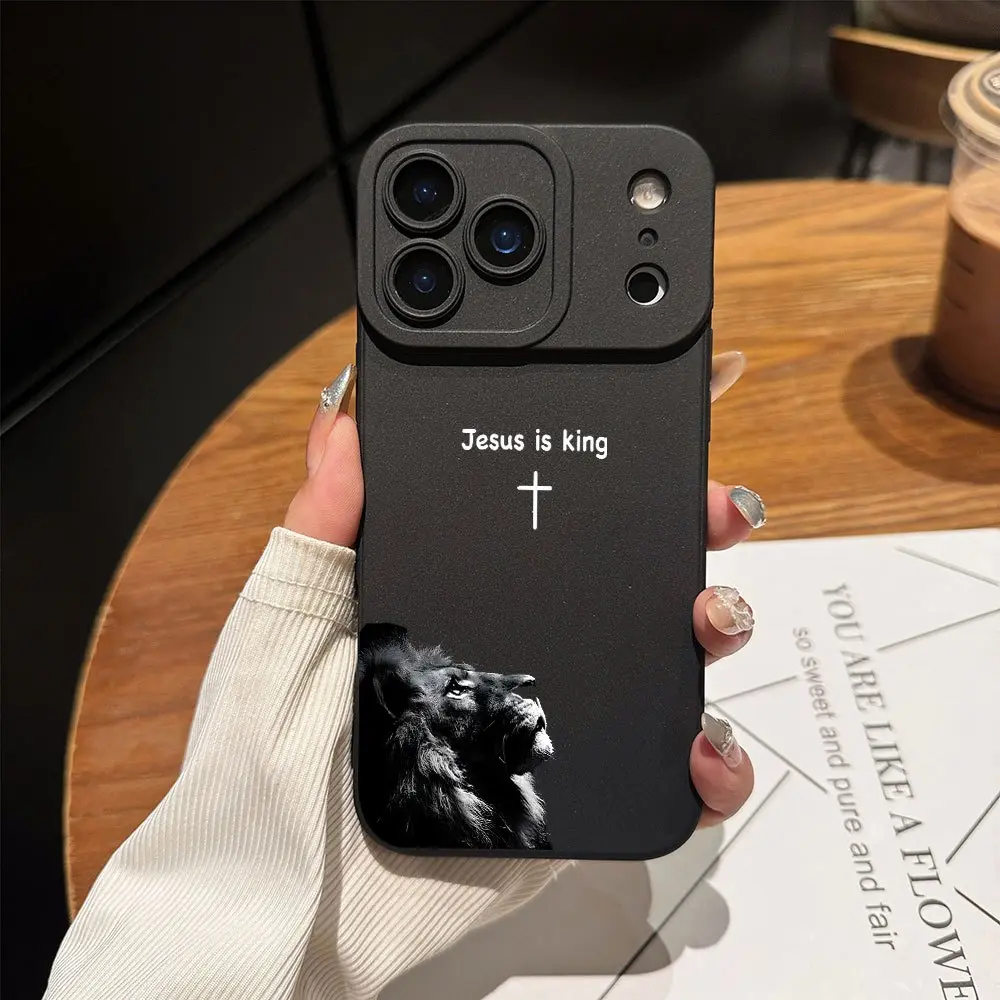 Faith Theme Lion & Cross Pattern Aesthetic Shockproof Phone Case, Fits iOS iPhone Series (17,16,15,14,13,12,11 Pro Max Plus), Black Cover for Teenage Girls & Boys