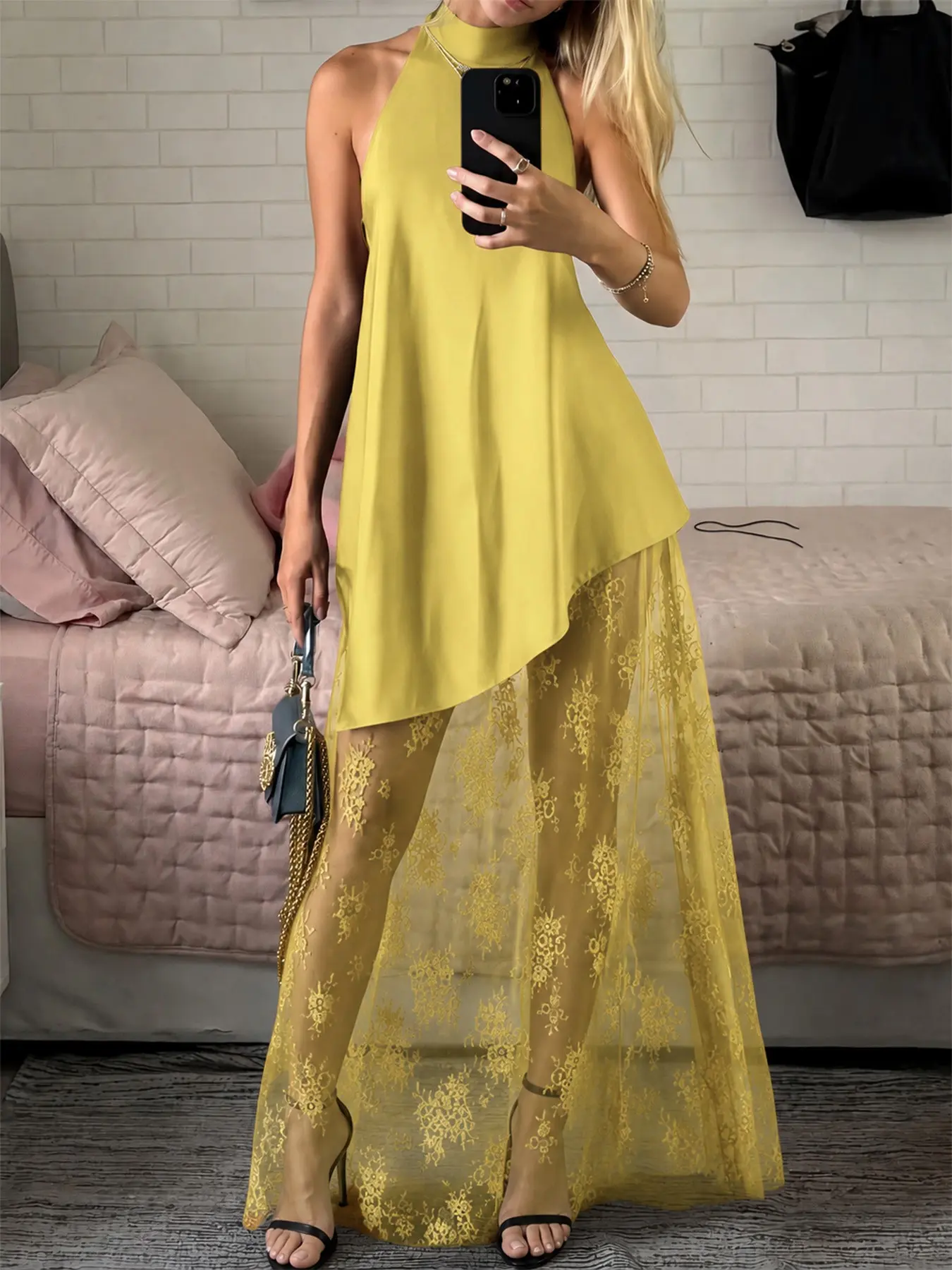 Women's Halter Neck Sleeveless Lace Maxi Dress, Wedding Guest Summer Evening Formal Dress, Keyhole Back for Resort, Vacation & Party