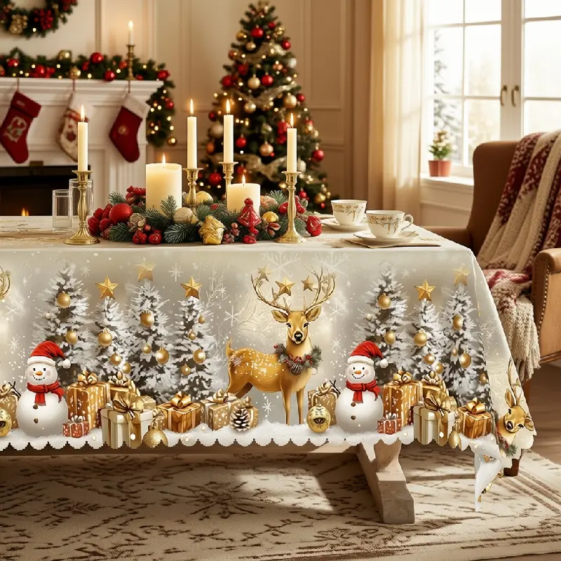 Christmas tablecloth, ivory gold and green, featuring snowmen, trees, deer, candles and winter village scenes, round, rectangular and oval shapes, suitable for holiday dinners, parties, banquets and restaurants, polyester, washable, clearance sale