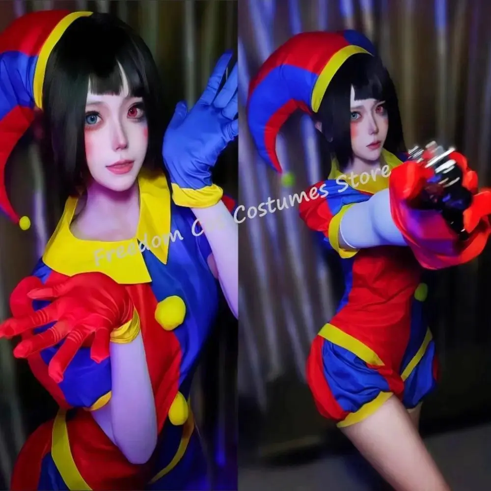 Women Clown Pomni Cosplay Costume Jester costume Blue Red Jumpsuit and Hat with Gloves Socks Christmas Halloween Party suit