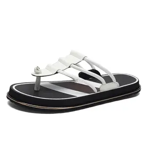 BDHJYDB New Light Luxury Style Summer Men'S Anti-Slip Slides, Black And White Contrast Toe-Post Design, Roman Style Versatile And Durable Casual Shoes