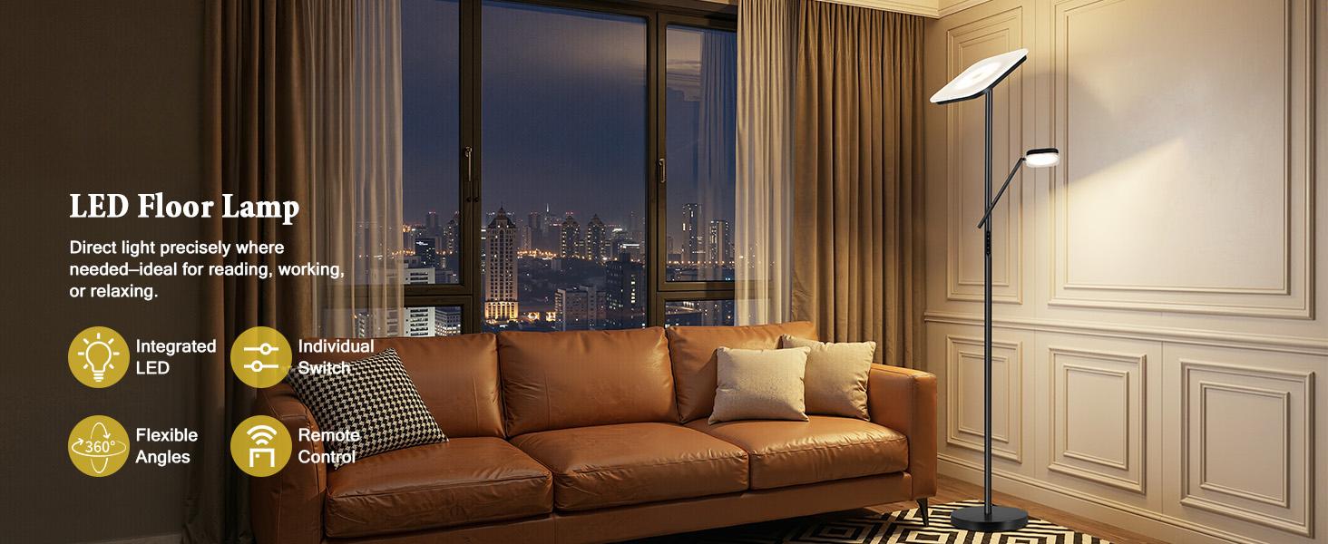 Floor Lamp, Upgraded 36W 3000LM Torchiere Super Bright LED Floor Lamp for Living Room, Stepless Dimmable Black Modern Standing Lamp with Remote & Touch Control, Tall Lamp for Bedroom, Office, Black