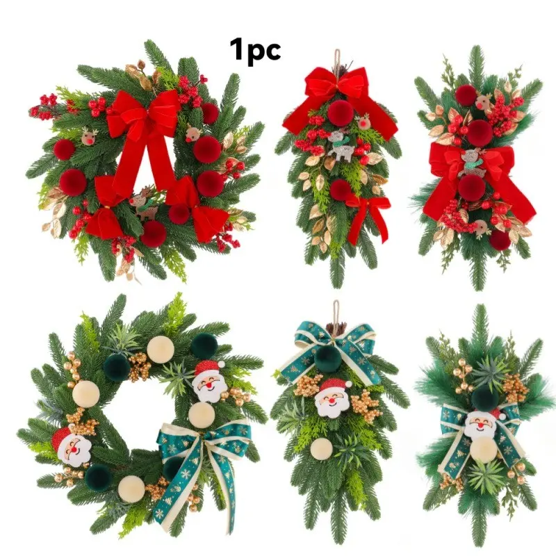 1Pc Christmas Door Wreath Teardrop Swag Garland Kawaii Cute Classic Festive Holiday Aesthetic Artificial Pine Red Gold Bow Berries Cartoon Santa Claus Reindeer Front Door Wall Hanging Decor Christmas