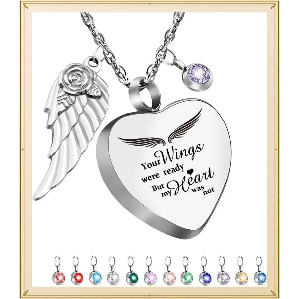 Heart Urn Necklace for Ashes with 12 Birthstones Cremation Jewelry for Ashes -Your Wings Were Ready My Heart Was NotGift