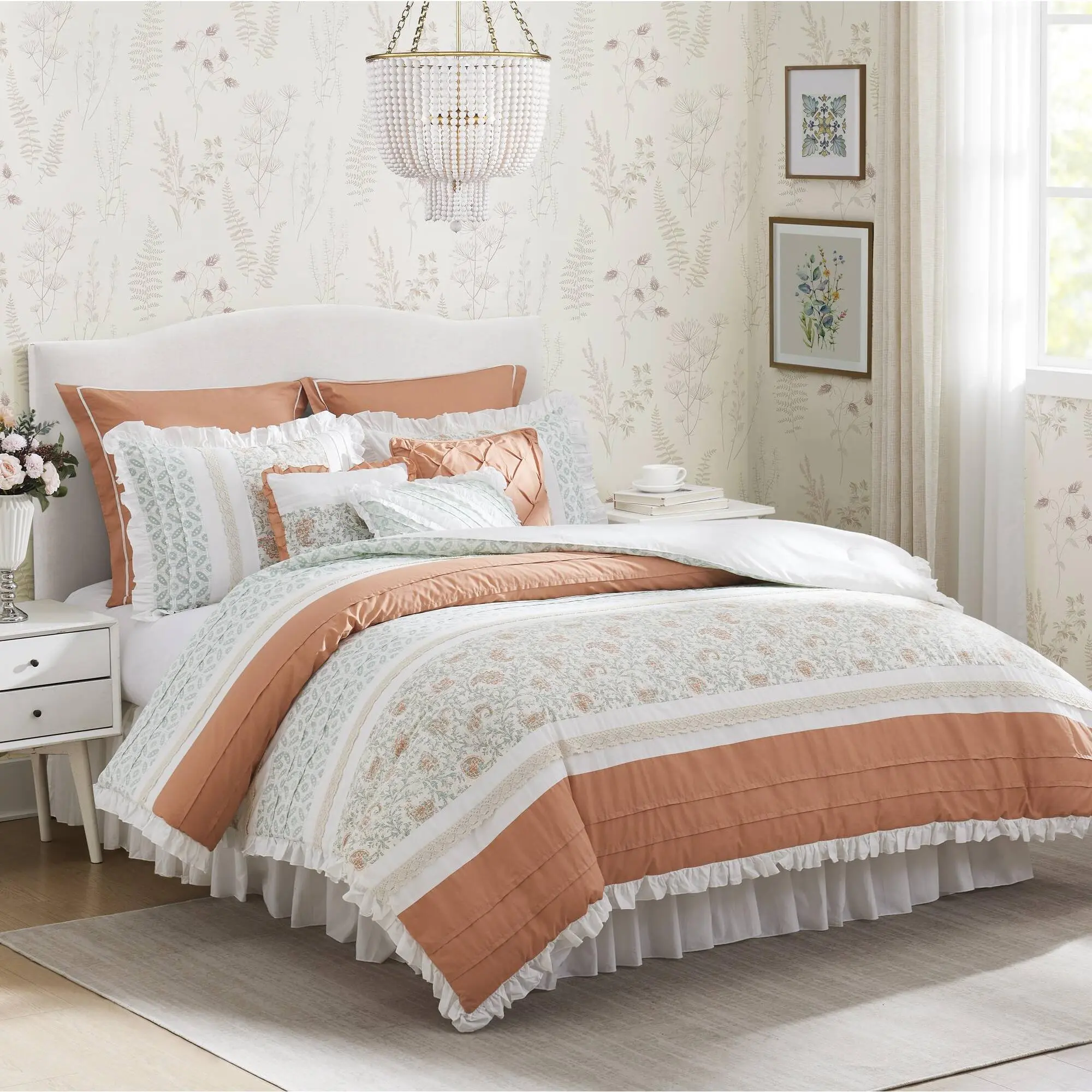 Nokaa Queen Size 9-Piece Cotton Percale Comforter Set - Oeko-Tex Cert, Shabby Chic, Breathable All-Season Bed-in-Bag with Bedskirt, Shams, Decorative Pillows, Coral Home Bedding Supplies