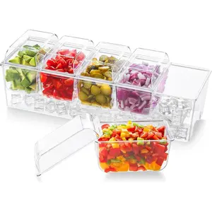 Cooling condiment storage box, with 5 containers, condiment tray with separate lids, equipped with removable plates, suitable for bars, fruit salads, and taco party decorations, 39 x 13cm / 15x5inch