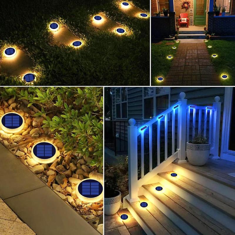 Large Round Blue and Warm Light Solar Ground Light, IP68 Waterproof Garden Decor, Automatic Outdoor Solar Deck Light for Pathways and Patios, 4/6 Pack with 30 LED for Long Lasting Illumination