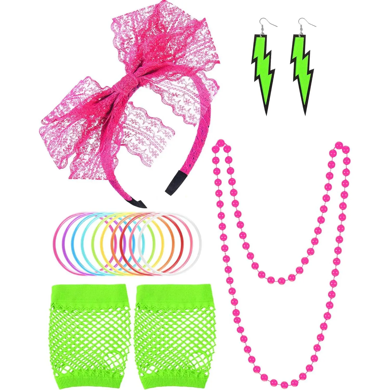 Women's 80s Retro Accessory Set - Lace Headband, Earrings, Fishnet Gloves, Necklace, Bracelet for 80s Retro Party, Halloween