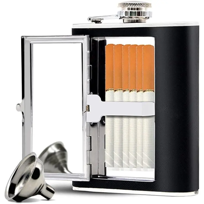Black Stainless Steel Hip Flask Set, Leak Proof Pocket Hidden Flask with Built-in Cigarette Case, Leather Wrapped Cover, Mini Funnel for Liquor, Suitable for Men & Women