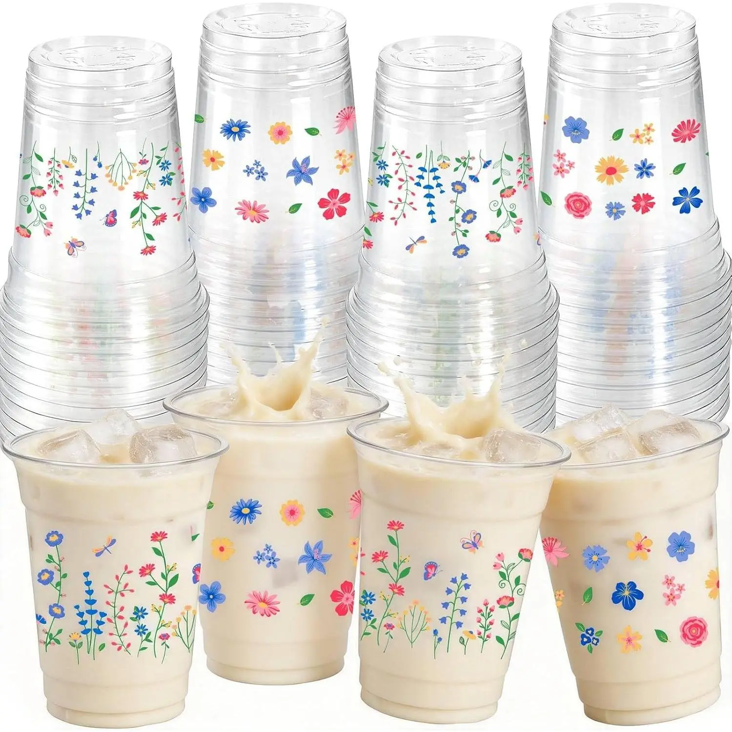 50pcs Wildflower Plastic Cups, 12 Oz Floral Clear Disposable Cups Bulk, Vintage Flower Plastic Drinking Cup for Spring Summer Party Favor Birthday Wedding Party Supplies
