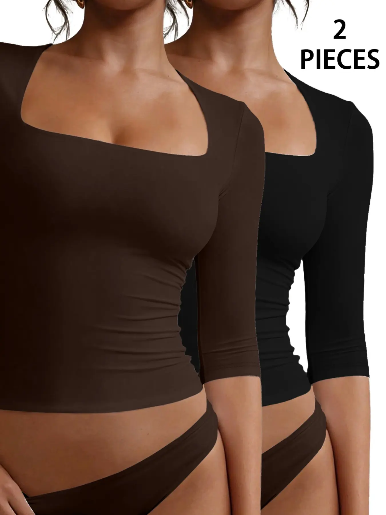 Women's Square Neck Long Sleeve Slim Fit Short Top, High Stretch Fitted Innerwear, Slimming Thin Style, Daily Home Office Light Sport Wear 2 Pcs Set, Fitted Sportswear Set