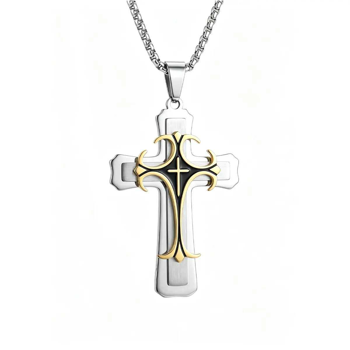 Men's Carved Cross Necklace with Prayer Scripture Pattern, Crystal Spiritual Jewelry on a Long Chain, Faith Commemorative Gift, Cross Necklaces, Christian Cross Graphic Necklaces