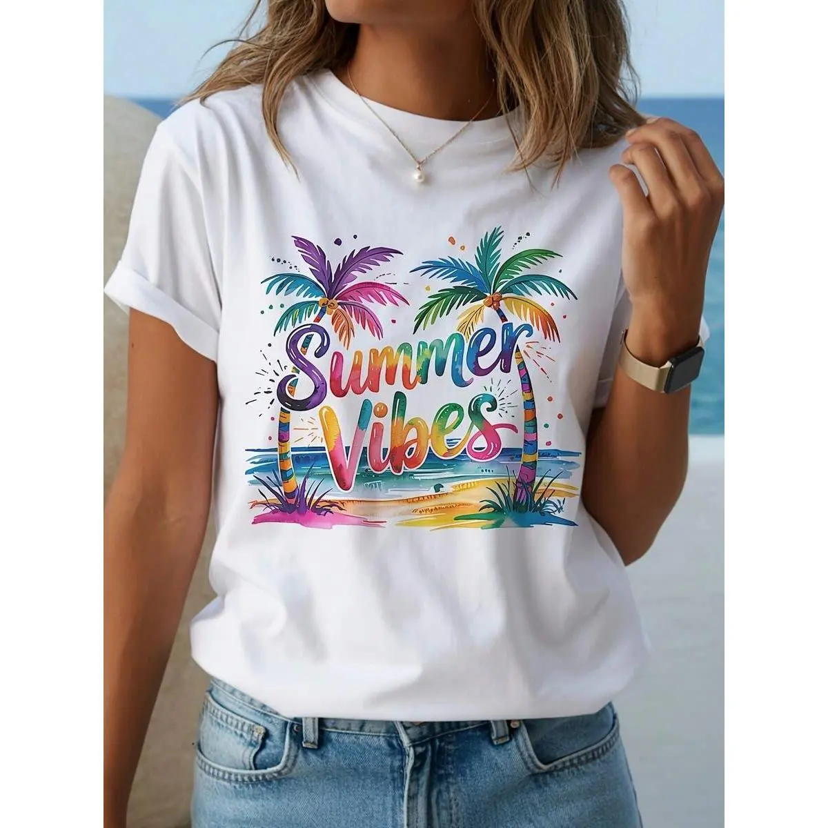 Y2K Tropical Palm Tree T Shirt Lightweight Round Neck Short Sleeve Summer Beach Shirt Light Pink Purple Blue Yellow Orange Green Print Casual Spring Summer Wear