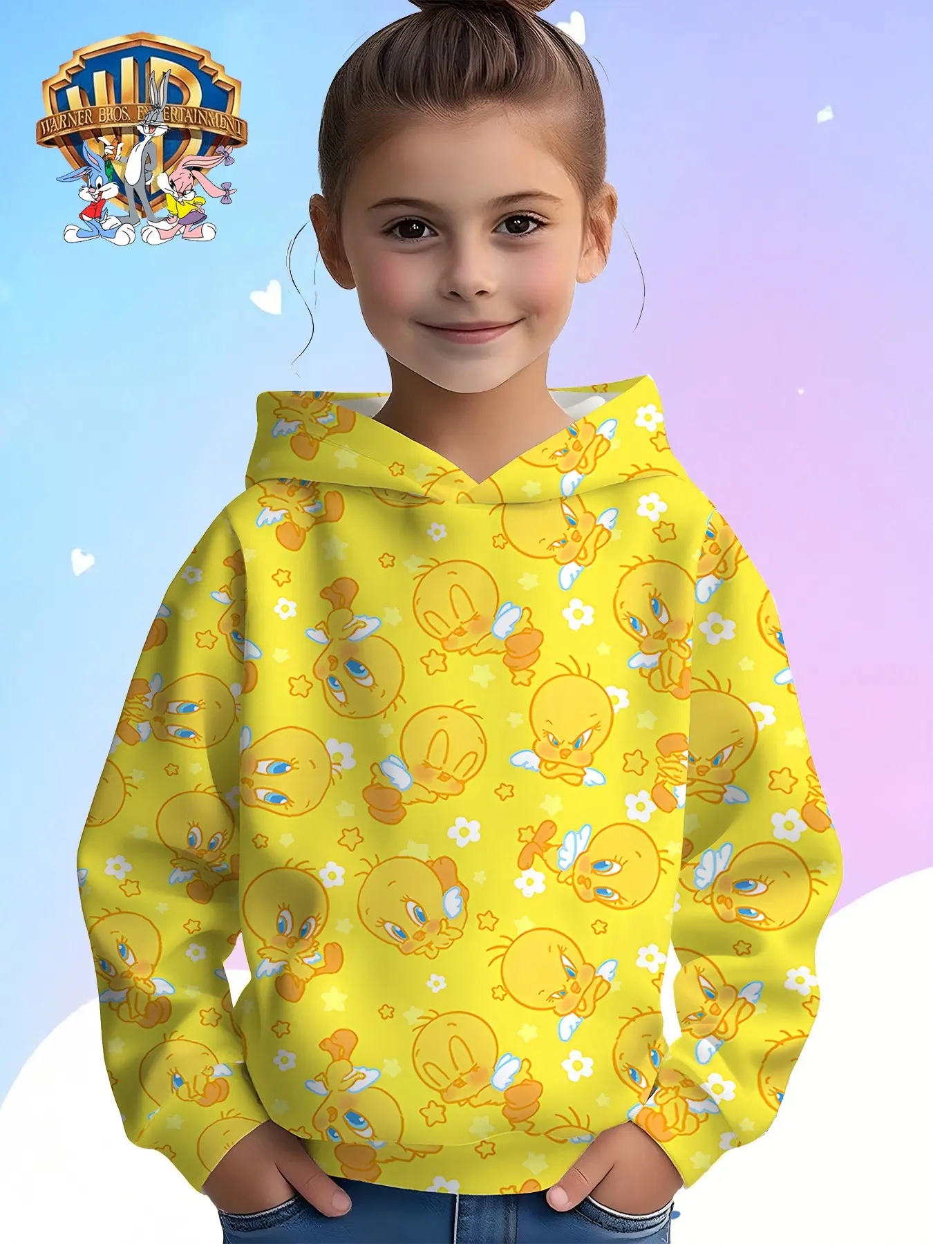 Wb Official Tweety Bird Kids Full Print Hoodie, Cartoon Bird Print Girls' Pullover Sweatshirt, Fun Fall & Winter Clothing