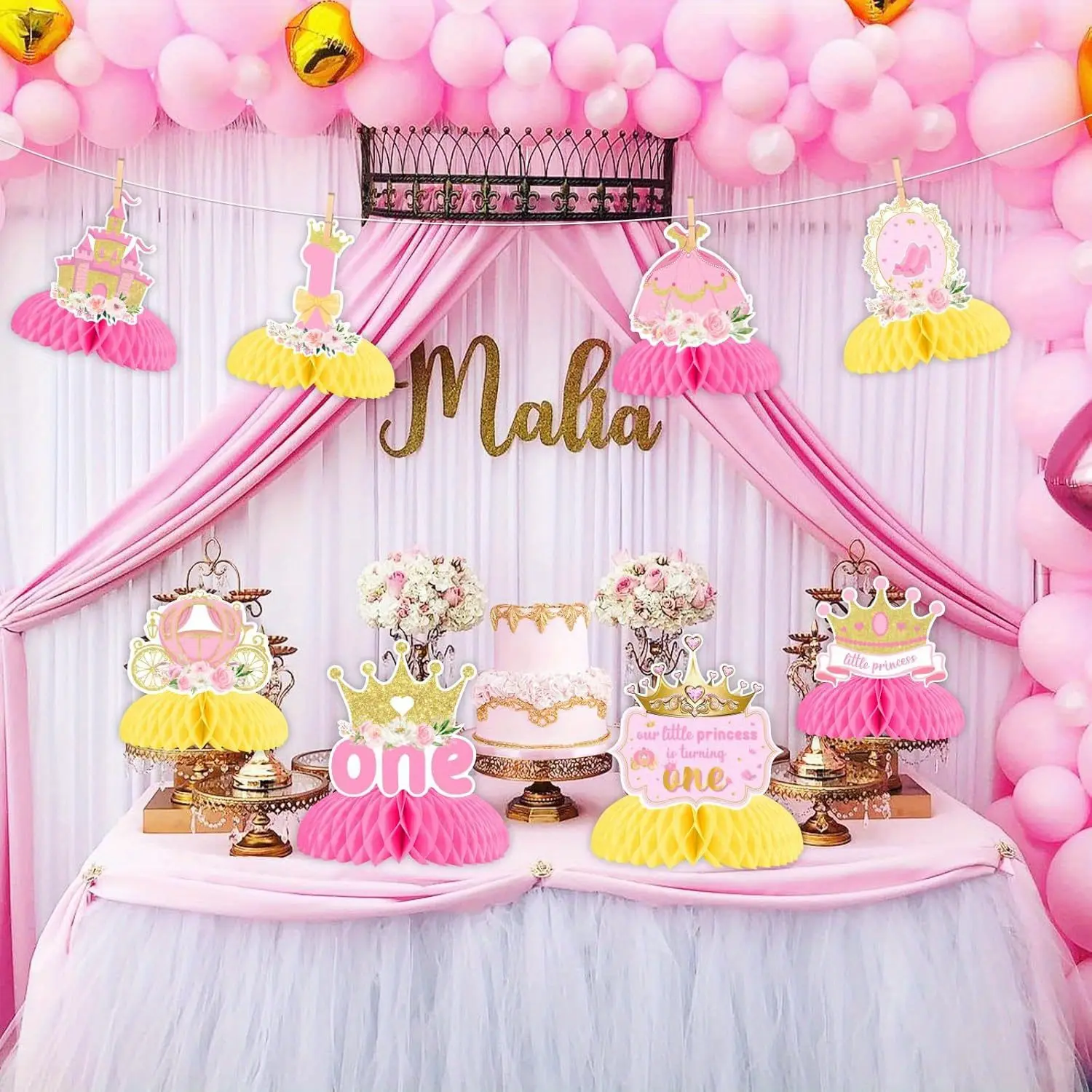 8 Pieces Princess Honeycomb Centerpieces Pink and Yellow Flower Castle Crown Carriage Table Toppers Decorations Birthday Party Supplies