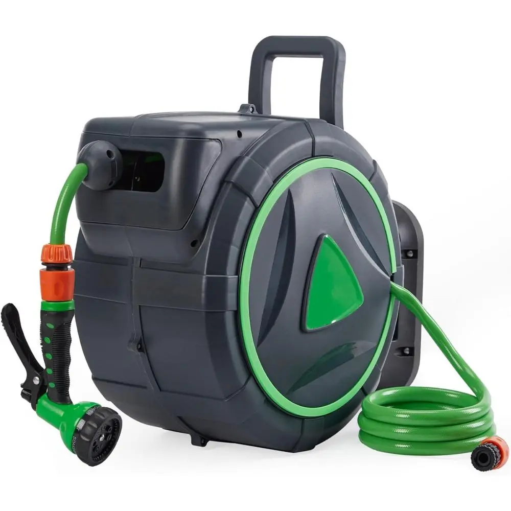 Heavy Duty Retractable Outdoor Garden Hose Reel - Wall-Mounted Watering Tool with Auto-Rewind, Slow Retraction, 180° Swivel Bracket, Kink-Resistant Hose, All-Weather Enclosed Housing, Flexible Hybrid Polymer for Lawn Use