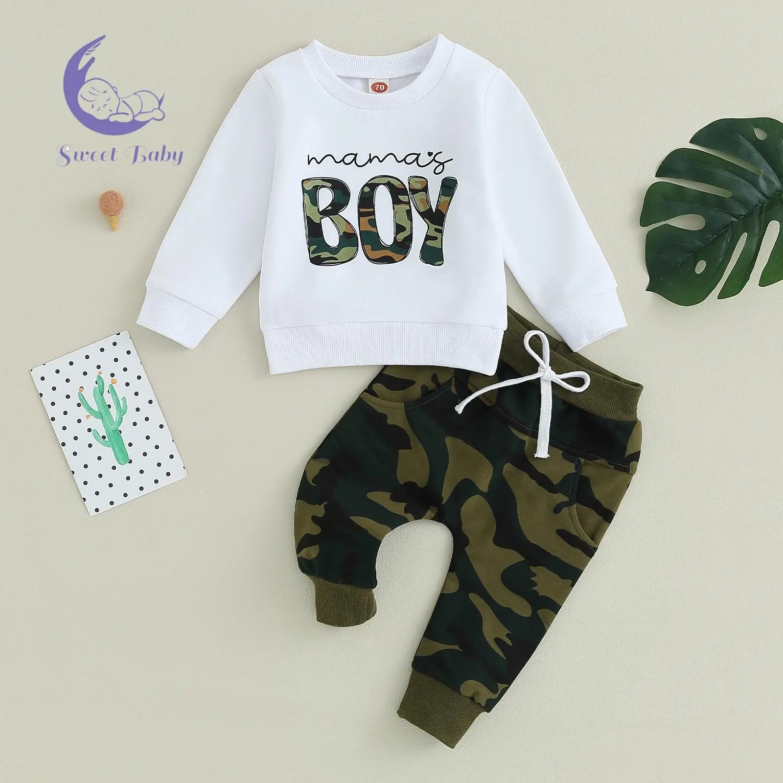 Baby Boy Fall Outfits Long Sleeve Camouflage Letter Print Sweatshirt + Pants Set Toddler Clothes