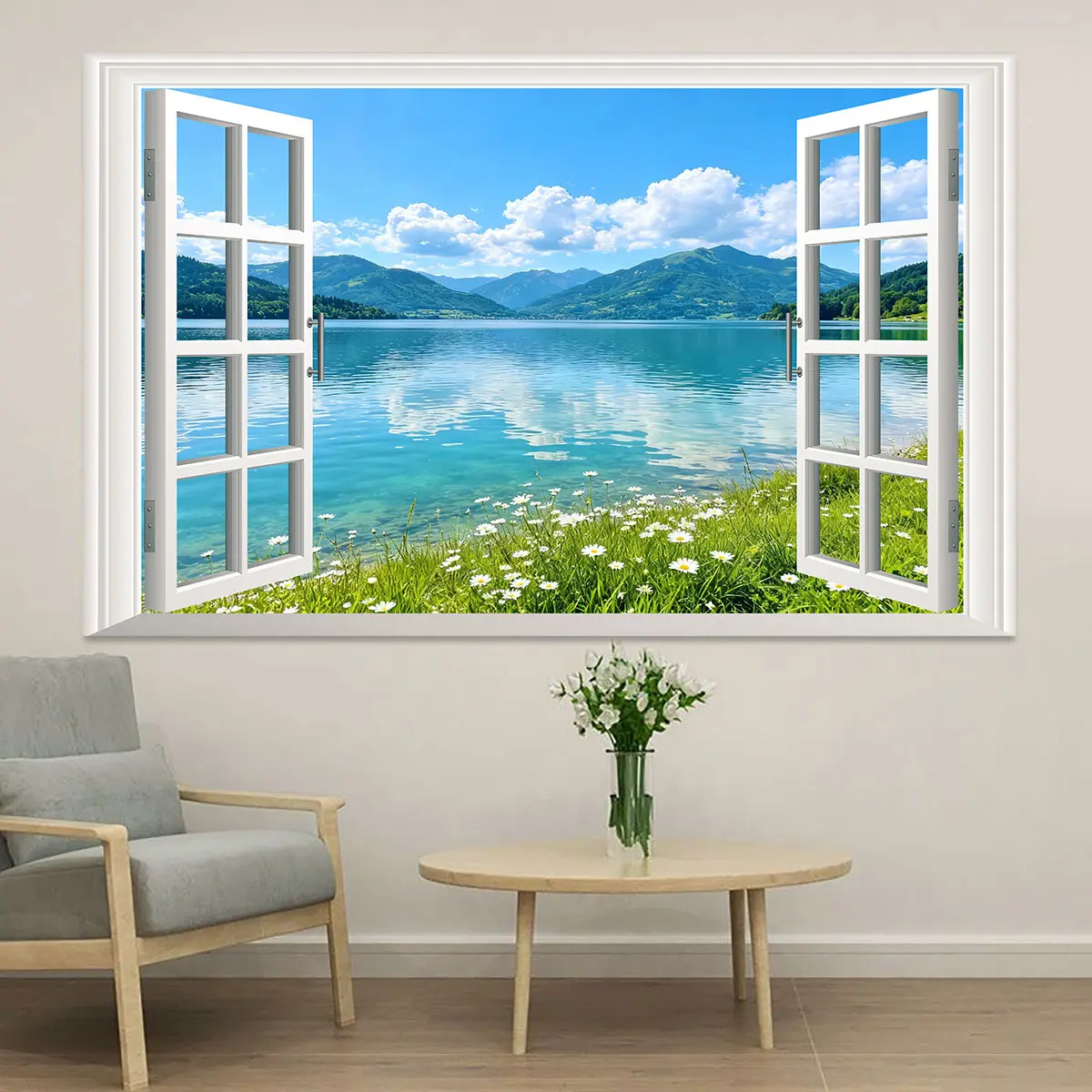 Open Window Mountain Lake Fake Window Sticker, Peel And Stick Decal For Multi Space Home Decor