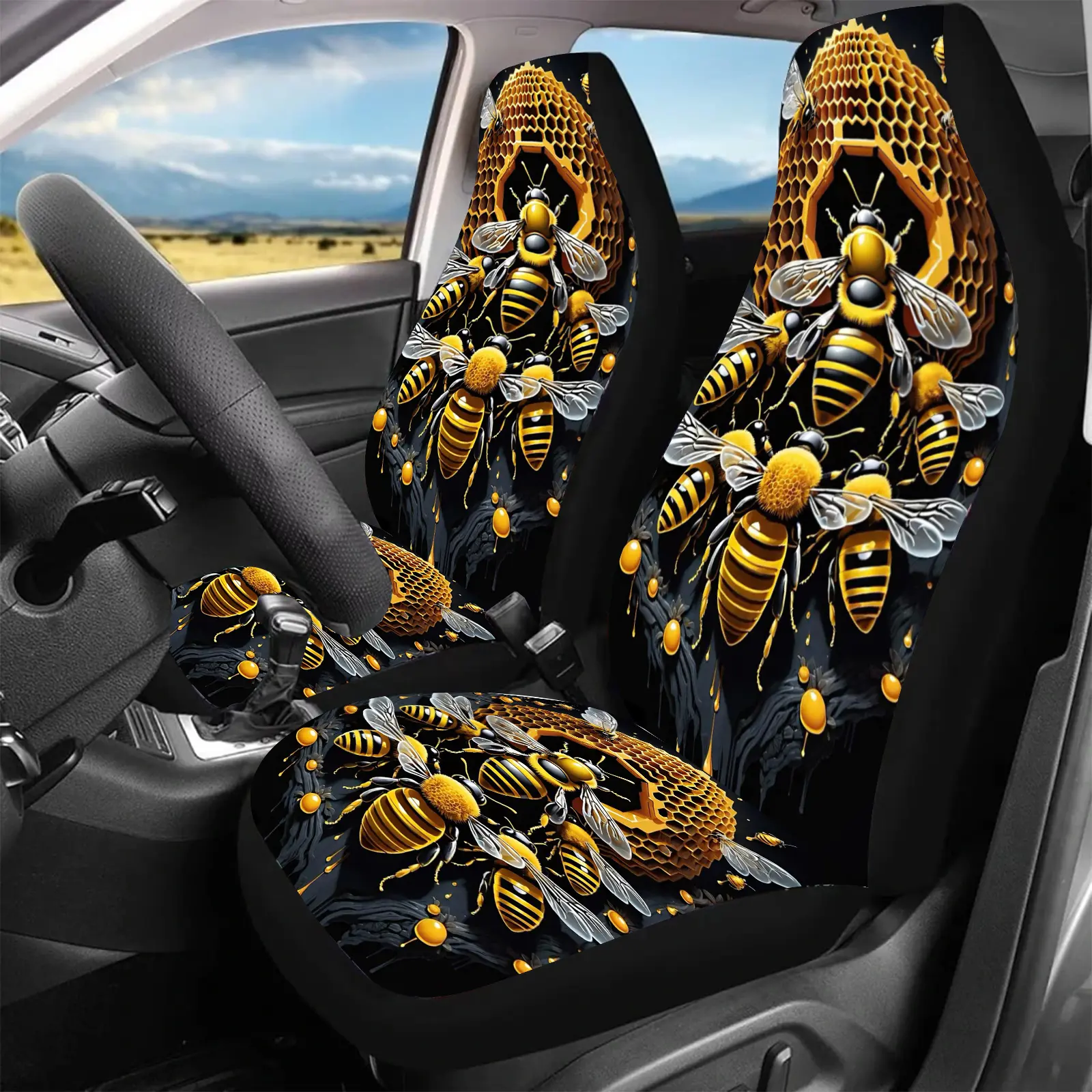 Hive Bee Design Canvas Seat Covers Set of 2 - Universal Fit for Cars, SUVs, Sedans, Trucks - Durable Protective Auto Front Seat Protectors for Men and Women