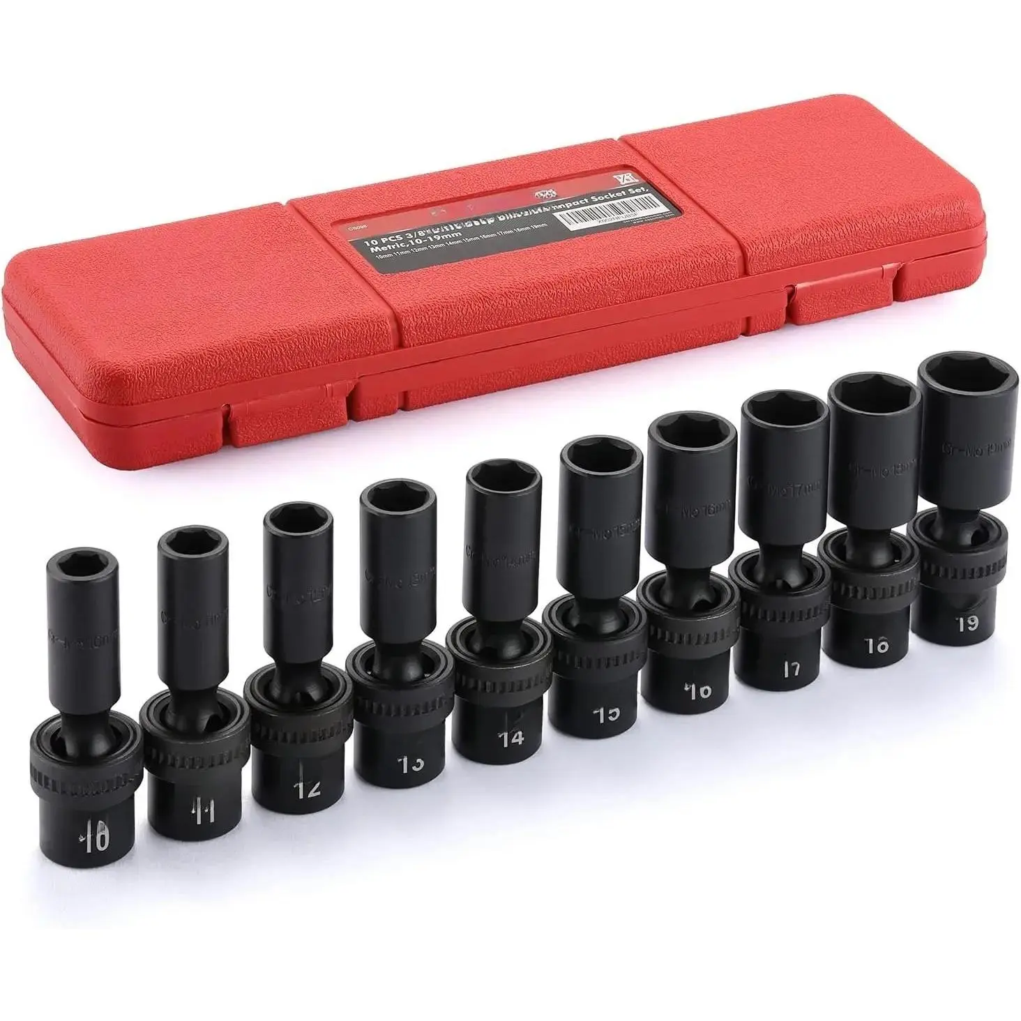 10-Count 3/8" Drive Deep Standard Universal Impact Socket Set for Mechanics, 6-Point Chrome Moly (CR-MO) Metric 10-19mm, Flexible Head with Full Rotation, Tools for Mechanics, Mechanic, Impact Work