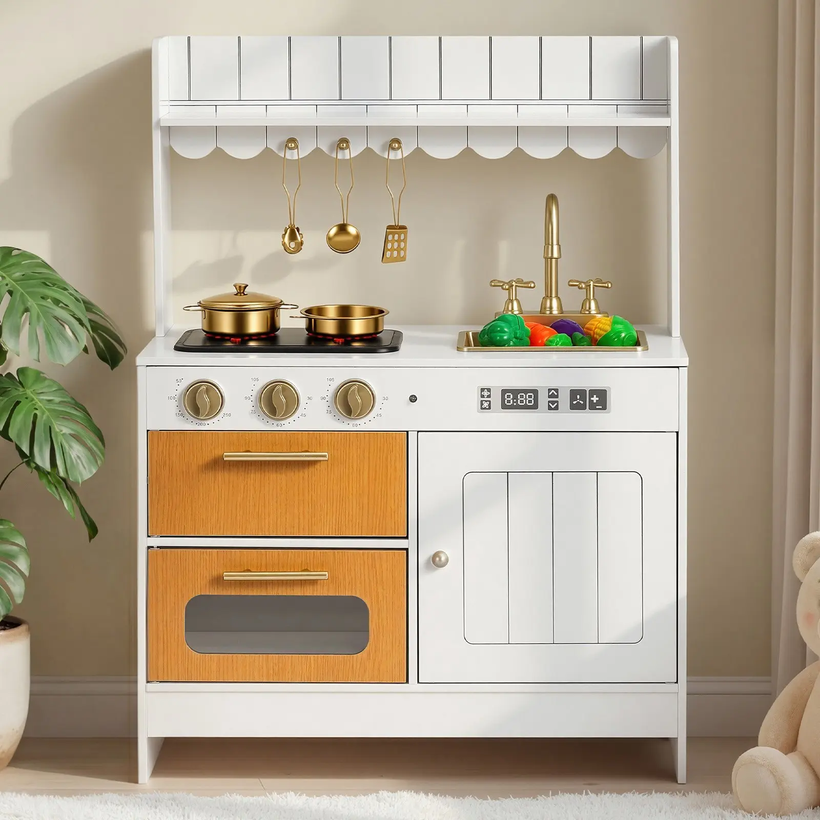 VEVOR Wooden Kids Kitchen Playset - BPA-Free, Child-Friendly Paint, 6 Realistic Cooking Zones, Real Lights & Sounds, Sink, Oven, Stove, Cabinet, Food Accessories, for Toddlers Ages 3-8 (Everyday Play, Boosts Learning & Creativity)