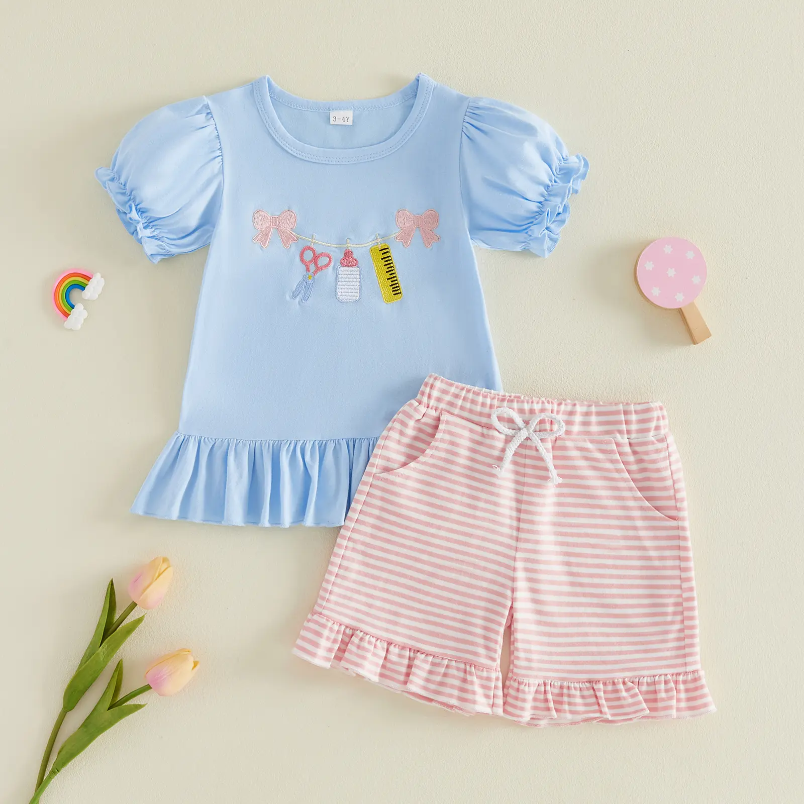 Toddler Baby Girl Back to School Summer Clothes Letter Print Flying Sleeve Shirt Top Plaid Shorts Set Cute Back to School Outfit