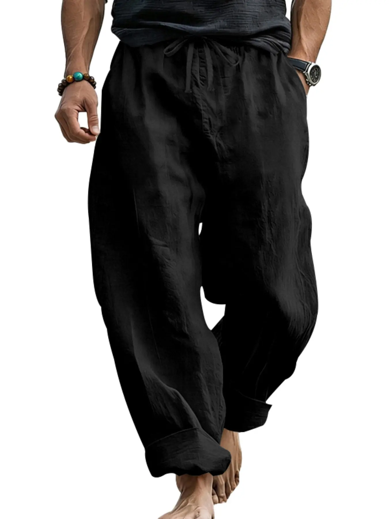 Men's Cotton Linen Lantern Pants, Summer Breathable Casual Long Pants, Drawstring Mid Waist, Loose Fit, Trendy Vacation Style