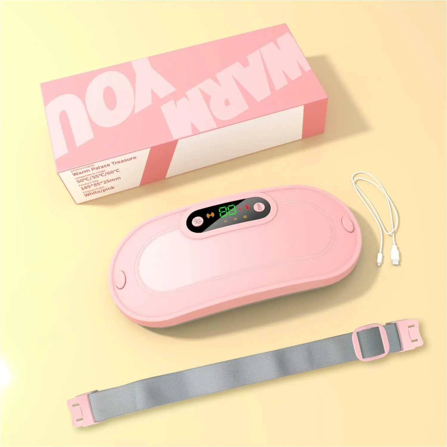 Cordless Smart Heated Menstrual Pad Belt - Graphene Uterus Warmer, USB Charge Vibratory Massager, LED Display, Auto Shut Off for Waist & Period Cramp Relief, Home Supply Gift