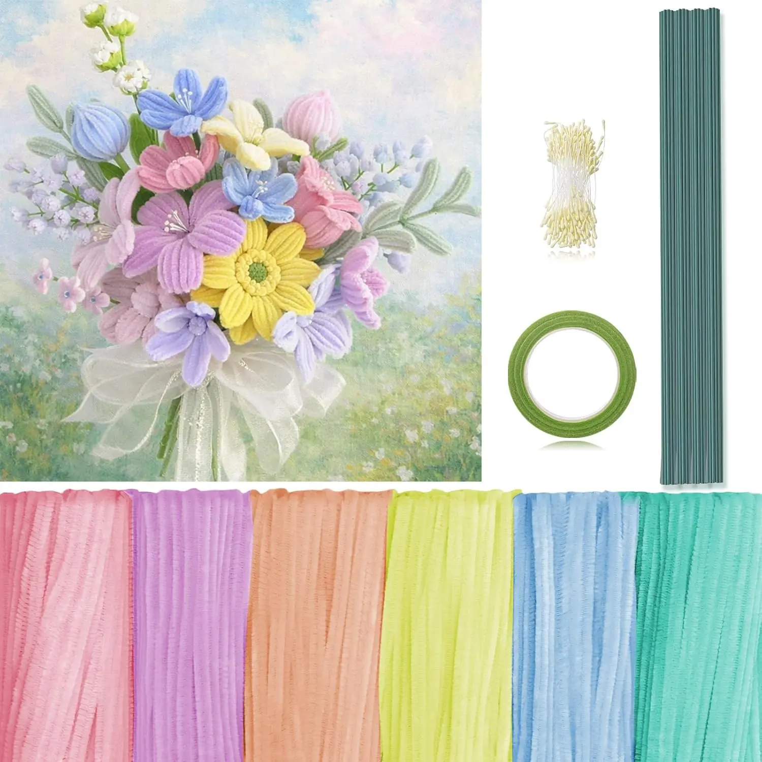 371 count Pipe Cleaners  Kit, Pipe Cleaners Chenille Stems Bulk with Floral Wire Gardening Tape Stamen,  Limpiapipas para Flores for DIY Mother's Day Decor(Macaron Color)