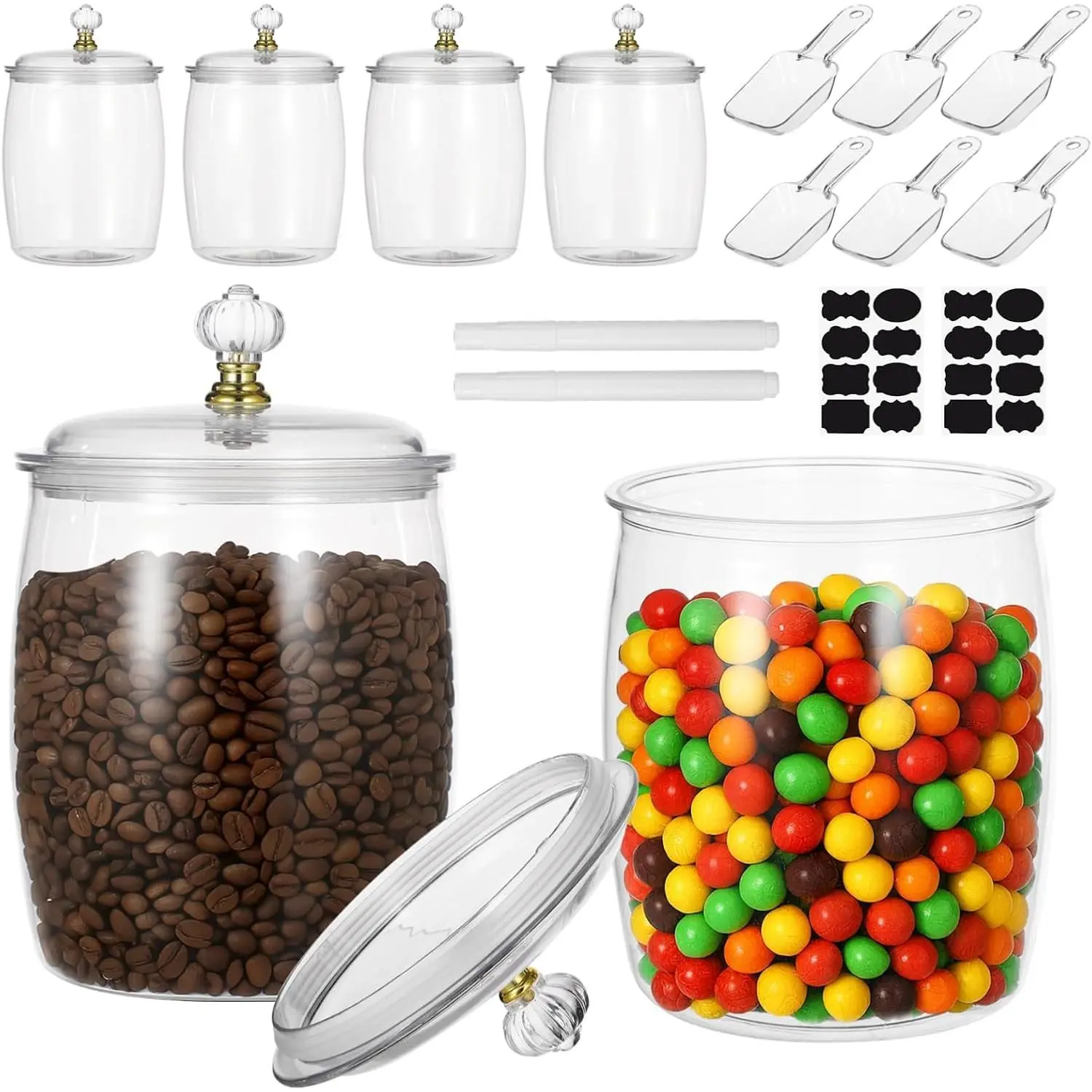 6 count Candy and Cookie Jars, 74 oz Transparent Plastic Jars with , Decorative Storage Containers with Scoops, Labels, and Markers, Airtight  Canisters for Candy Buffets, Kitchens