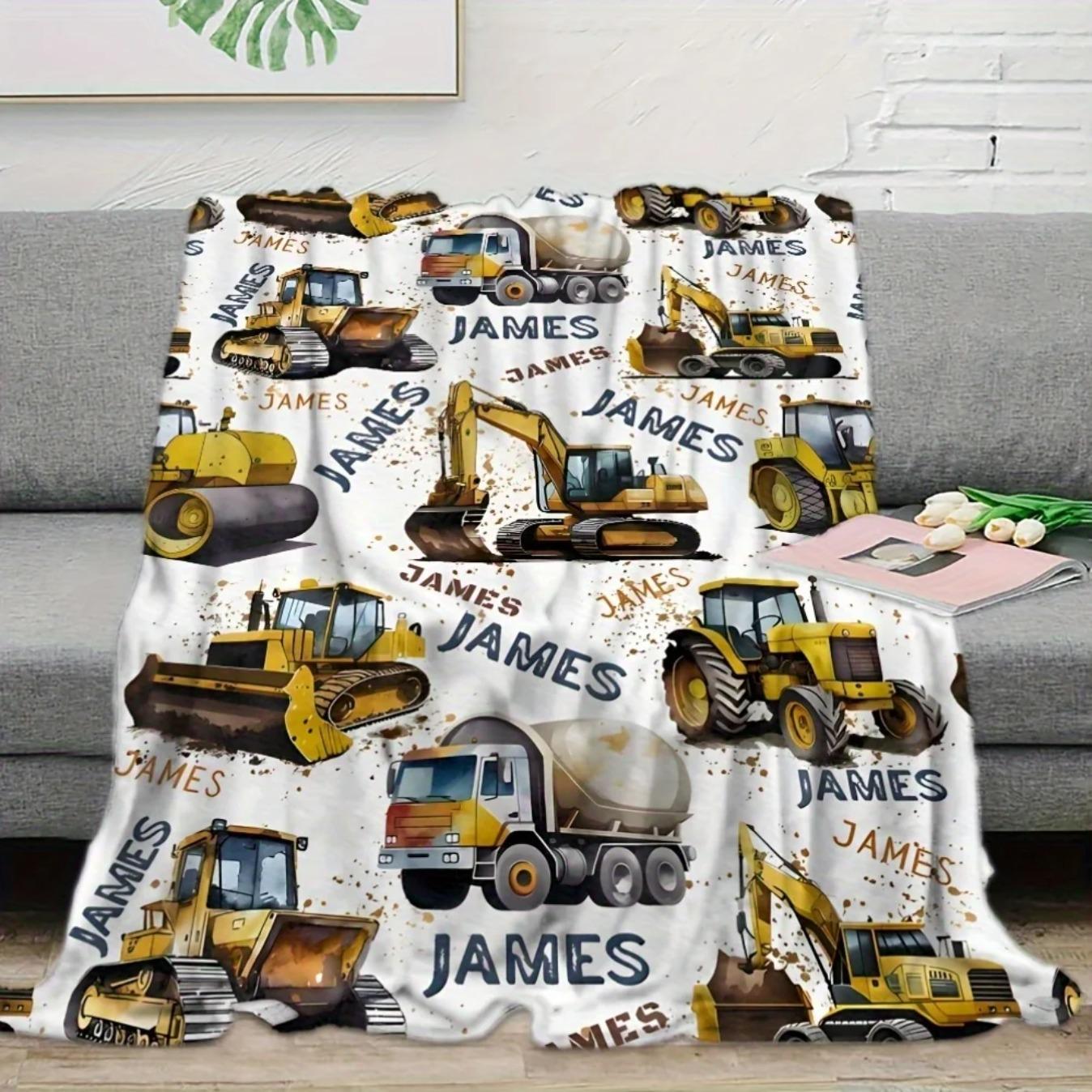 Cute Excavator Construction Truck Blanket Soft Polyester Throw Blanket Skyscraper Pattern Cozy Machine Washable Blanket for Bedroom Living Room Kids Gift